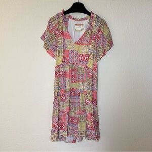 Anthropologie Robin Tiered Floral Mini Dress Size S Boho Patchwork Pink Green